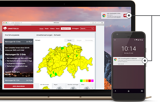 Push-Benachrichtigungen Unwettersituationen Schweiz